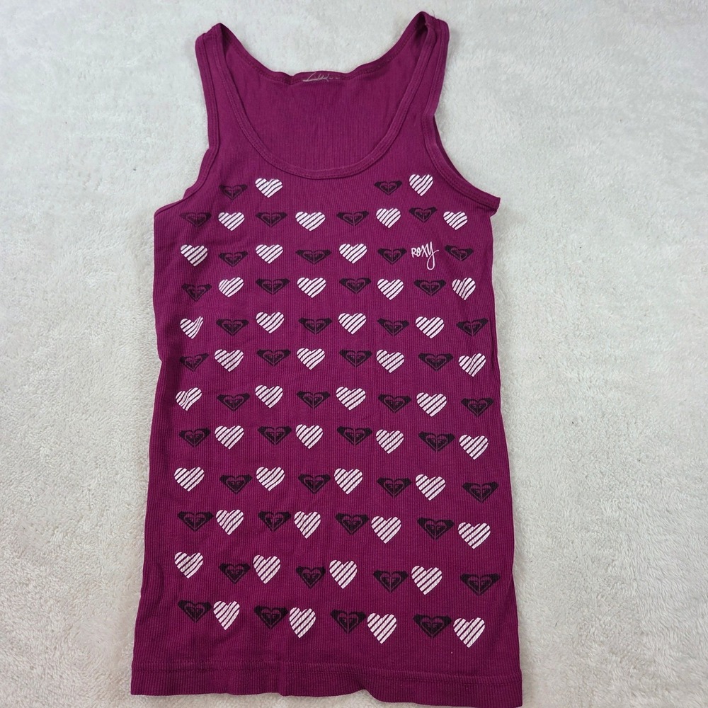 Roxy Womens Ribbed Tank Top Purple Heart Logo Print Scoop Neck Sleeveless Slim